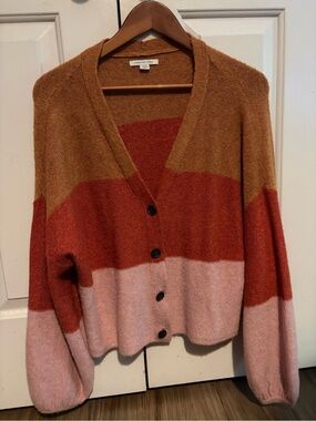 American Eagle Outfitters Colorblock Button V-Neck Cardigan — Pink, Rust, Tan